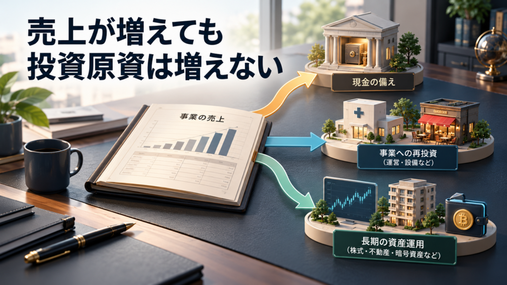 事業の売上を現金の備え、事業への再投資、長期の資産運用へ分ける図解