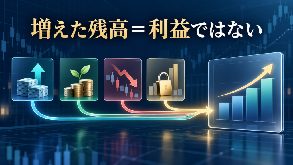 増えた残高は利益ではない。追加資金・報酬・評価変動・ロック資産を分けて考える投資管理のイメージ